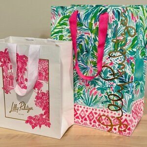 Lot of 2 LILLY PULITZER Empty Paper Shopping Bags Worth Ave Palm Beach Pink Gold